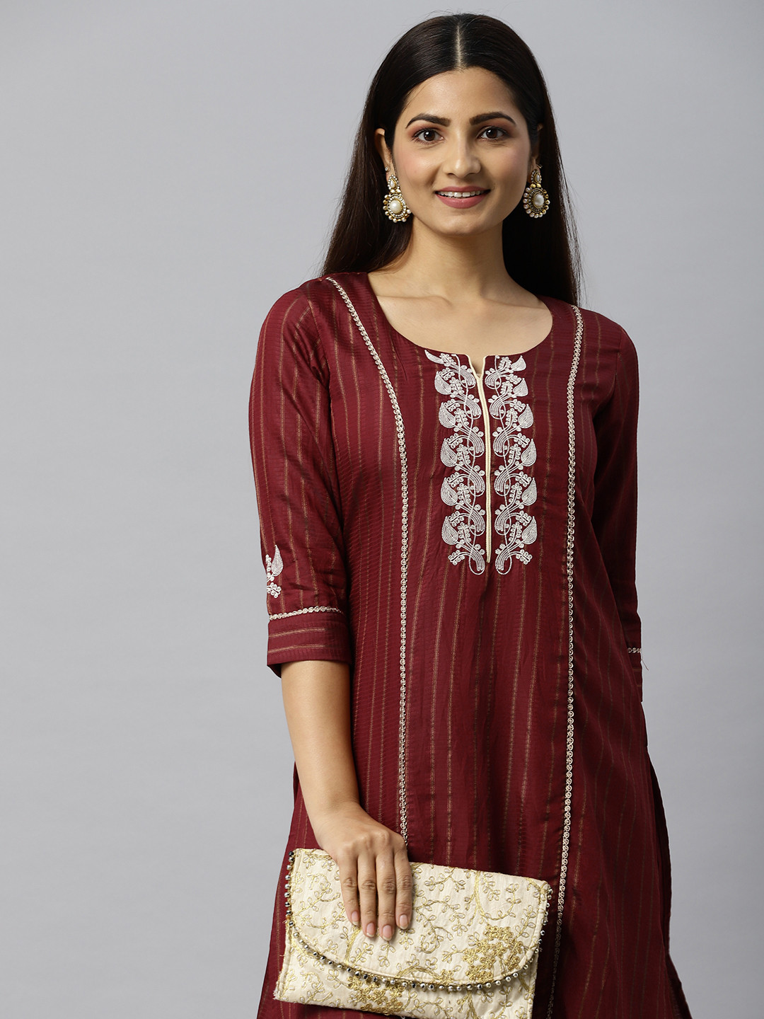 

ETIQUETTE Women Maroon & White Striped Thread Work Chanderi Silk Kurta