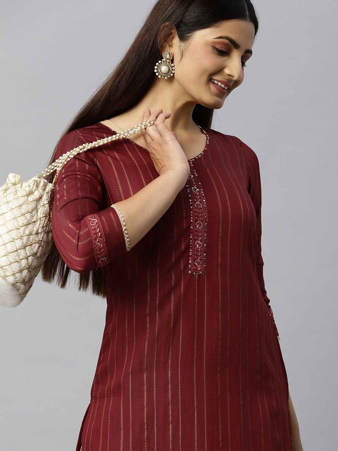 

ETIQUETTE Women Maroon Striped Chanderi Silk Kurta