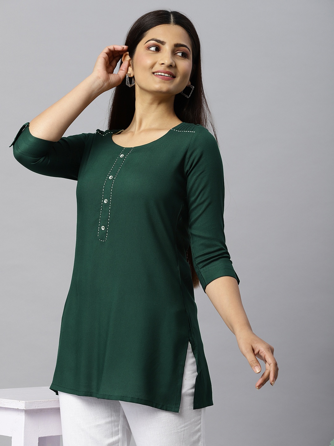 

ETIQUETTE Women Bottle Green Solid Kurti