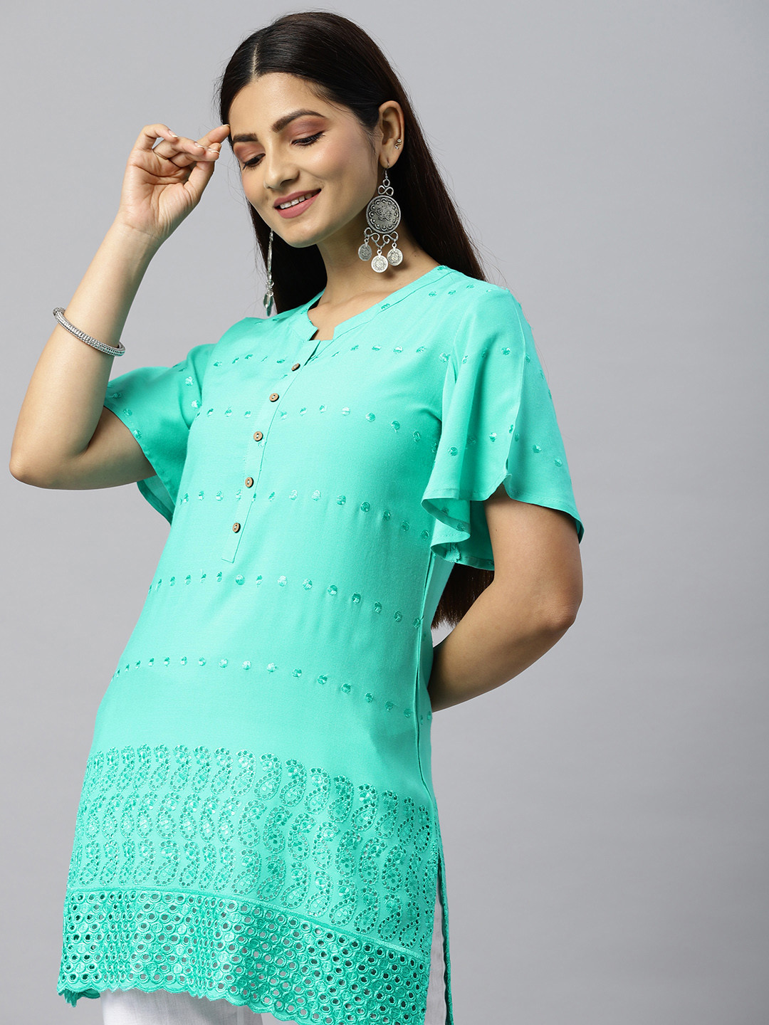 

ETIQUETTE Sea Green Dobby Woven Design Flared Sleeves Kurti