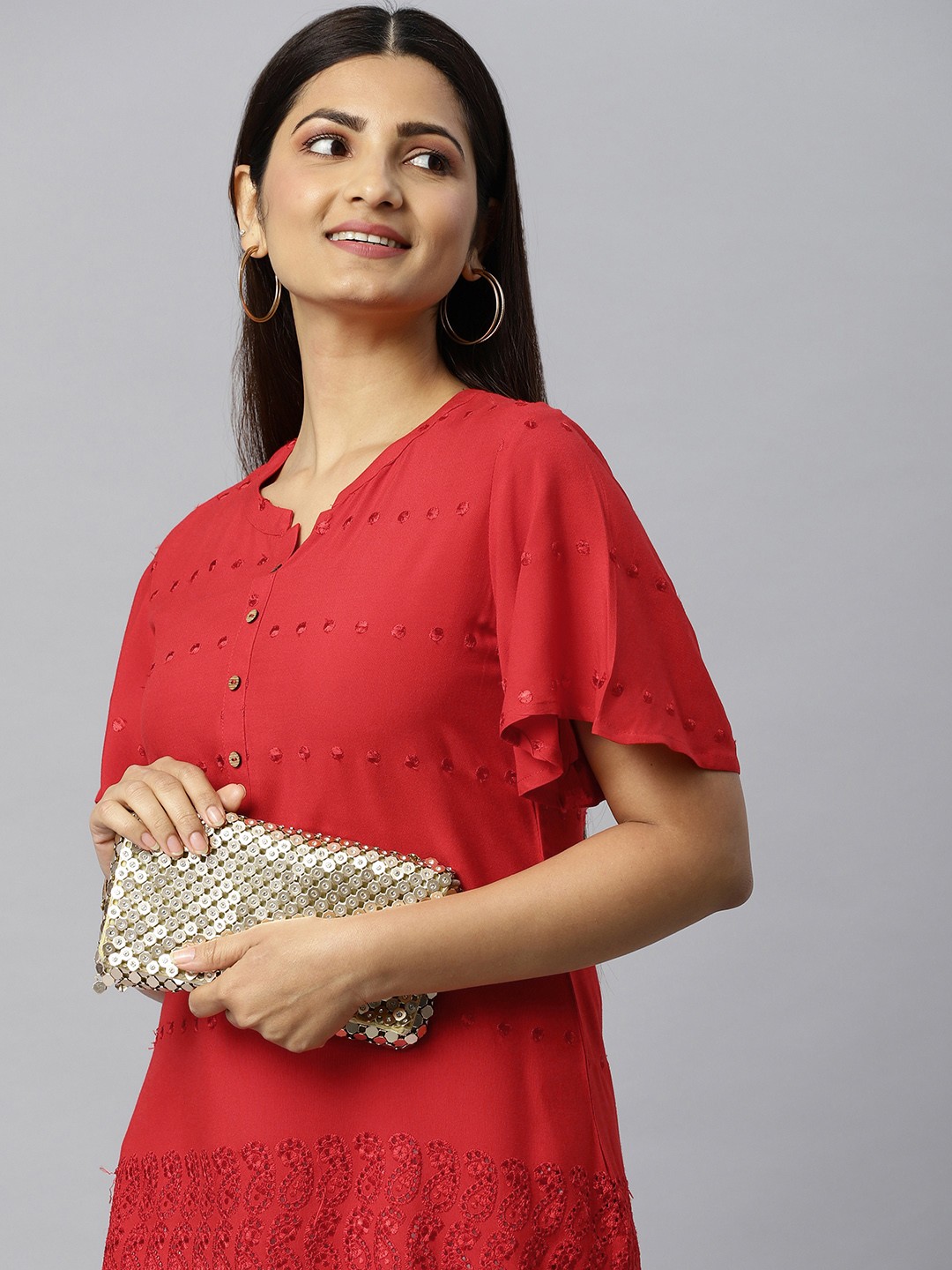 

ETIQUETTE Red Dobby Woven Design Flared Sleeves Kurti