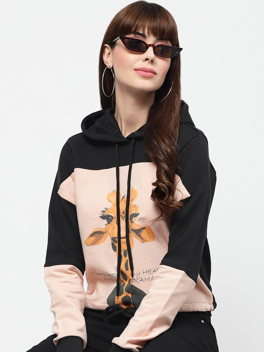 

FLAWLESS Women Pink Printed Cotton Hooded Sweatshirt
