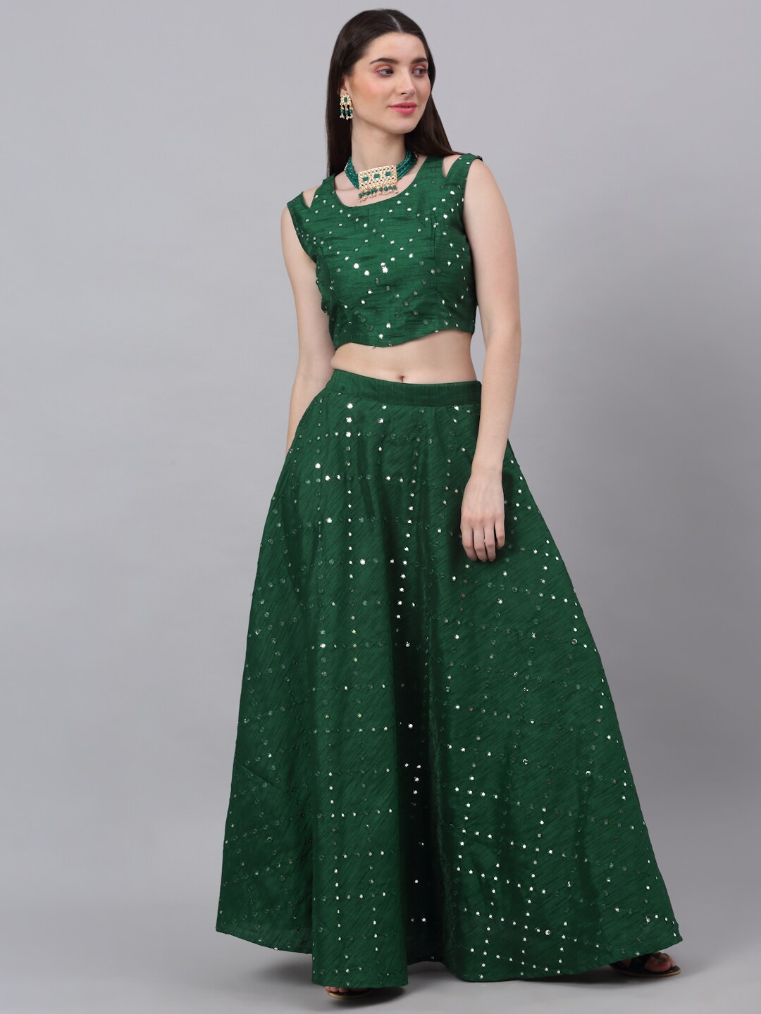 

NEUDIS Green Embellished Mirror Work Ready to Wear Lehenga Set