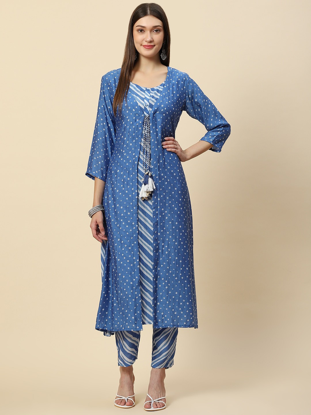 

Meena Bazaar Women Blue Leheriya Printed Layered Dupion Silk Kurta with Trousers