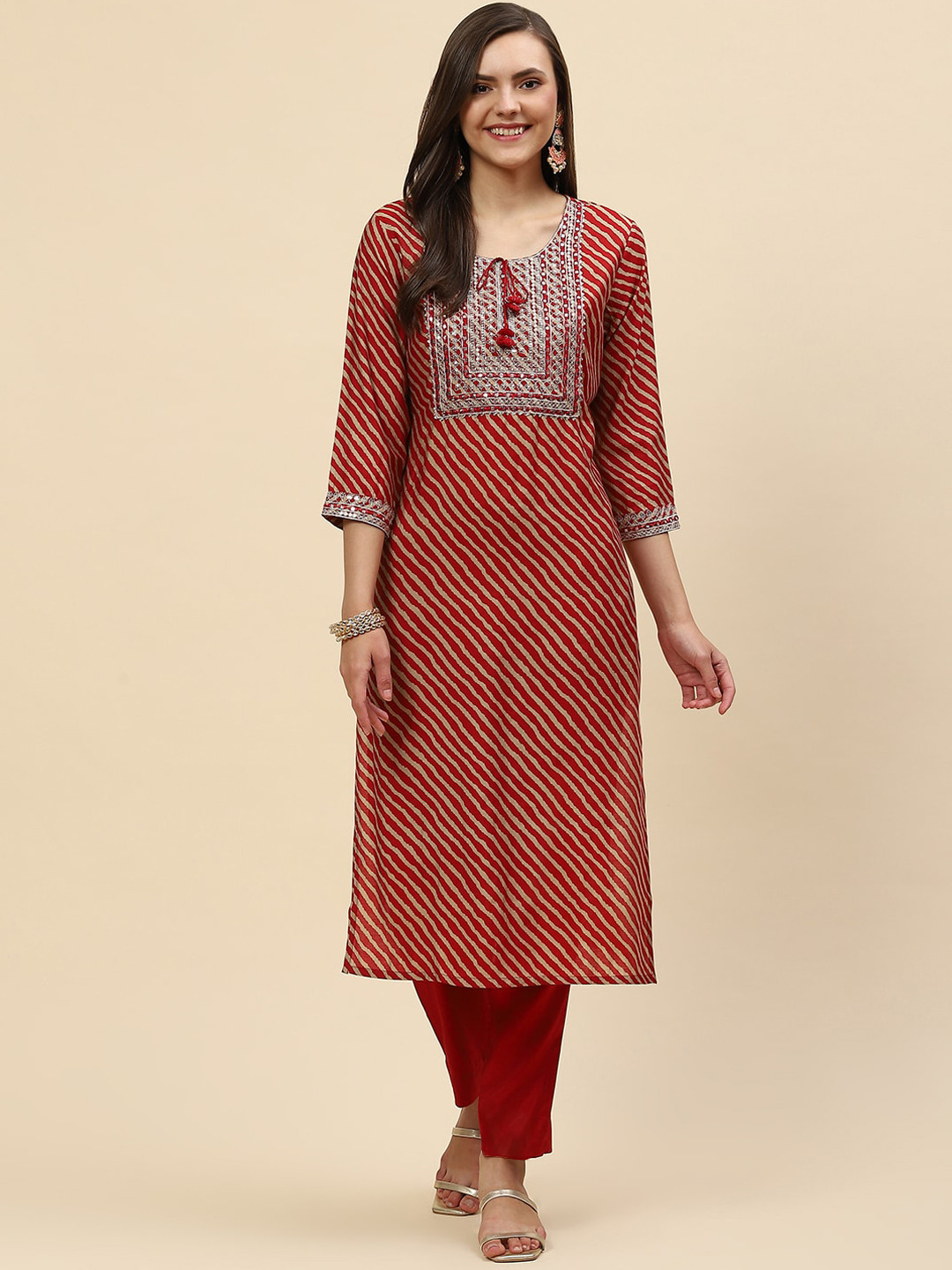 

Meena Bazaar Women Red Printed Thread Work Dupion Silk Kurta with Trouser