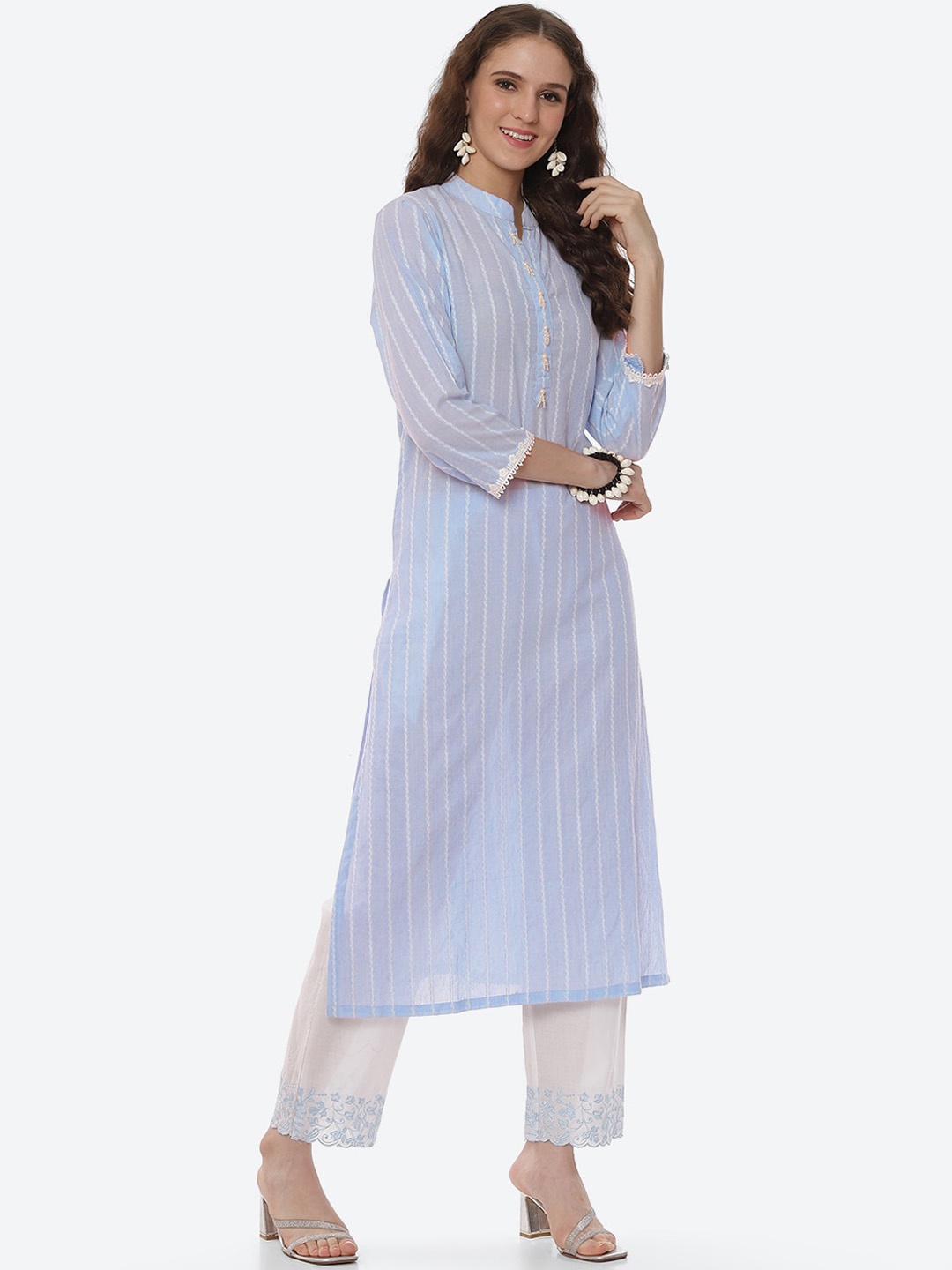 

Meena Bazaar Women Blue Striped Pure Cotton Kurta with Trouser
