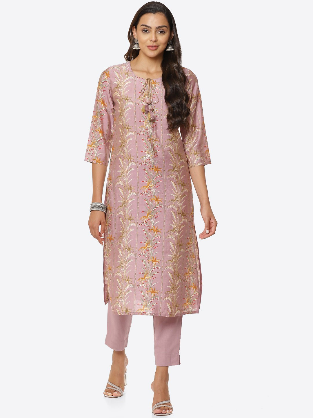 

Meena Bazaar Women Mauve Floral Printed Thread Work Dupion Silk Kurta with Trouser