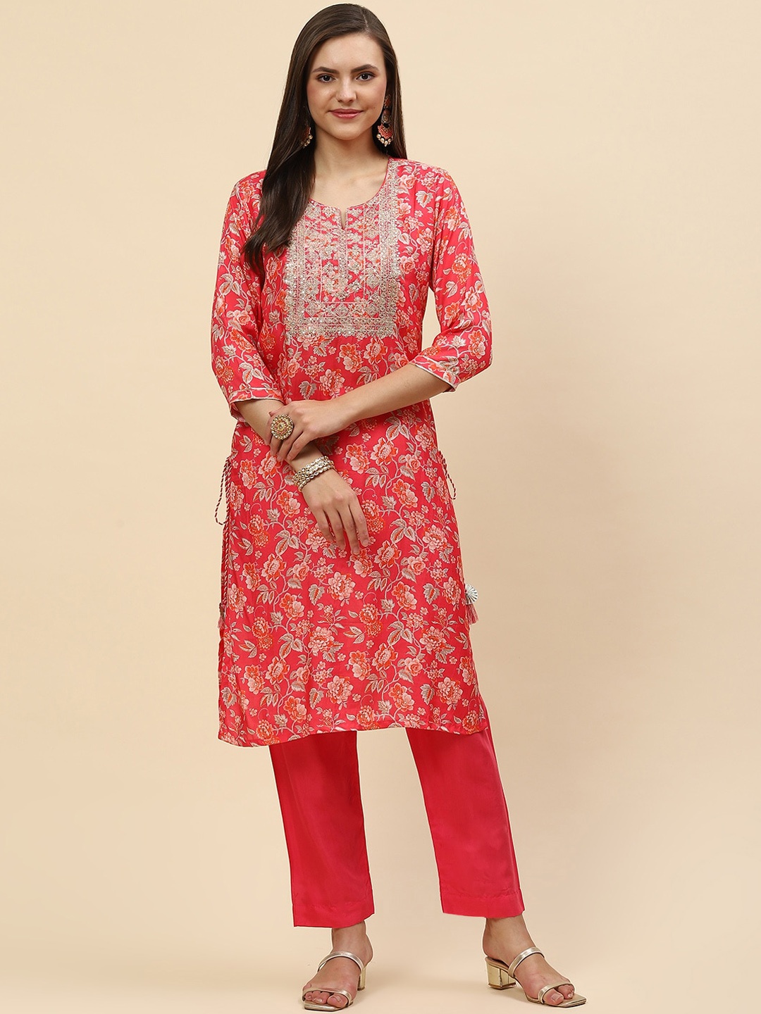 

Meena Bazaar Women Pink Floral Printed Sequinned Dupion Silk Kurta with Trousers