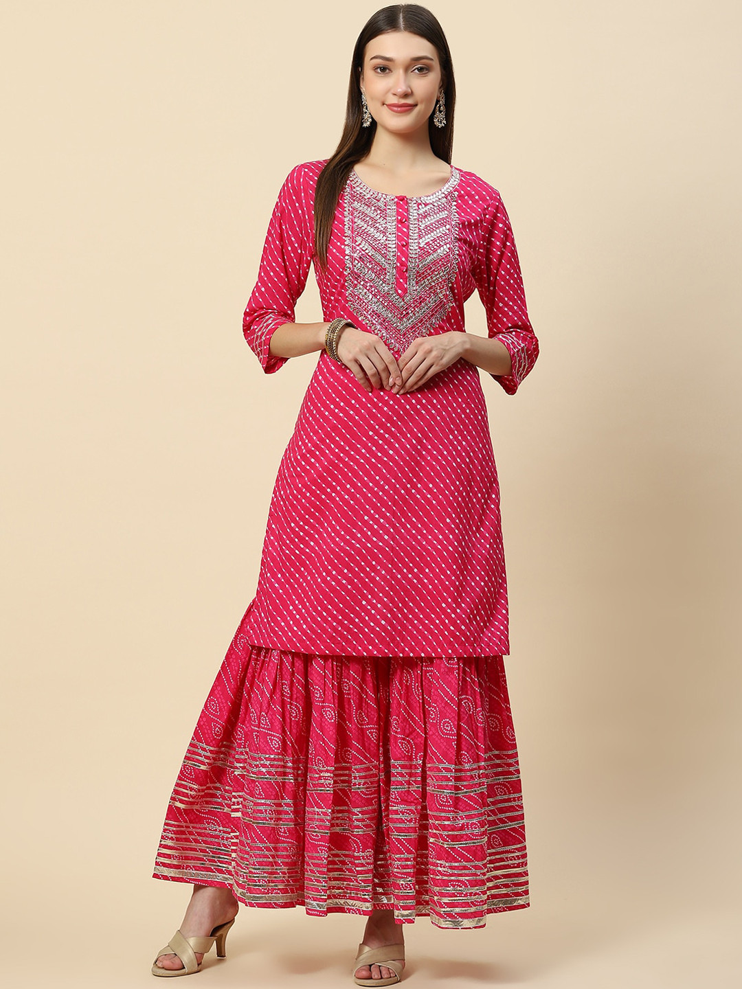 

Meena Bazaar Women Pink Bandhani Printed Gotta Patti Pure Cotton Kurta with Sharara
