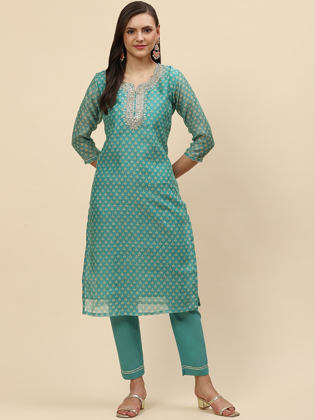 

Meena Bazaar Women Green Ethnic Motifs Printed Gotta Patti Chanderi Silk Kurta with Trousers