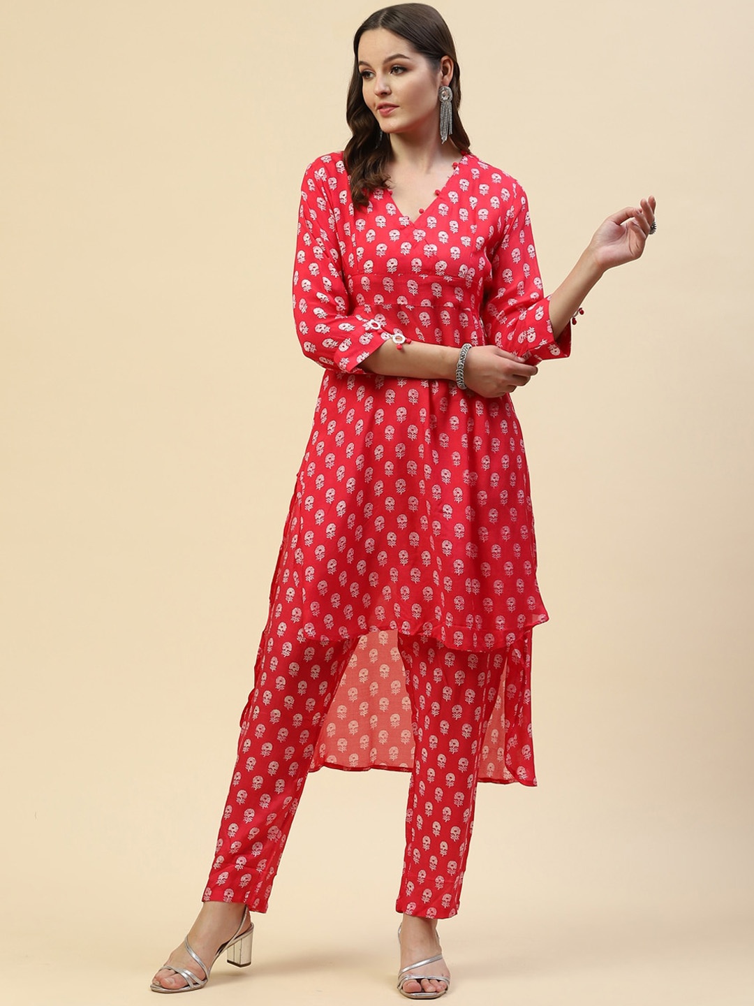 

Meena Bazaar Women Pink Floral Printed Dupion Silk Kurti with Trousers