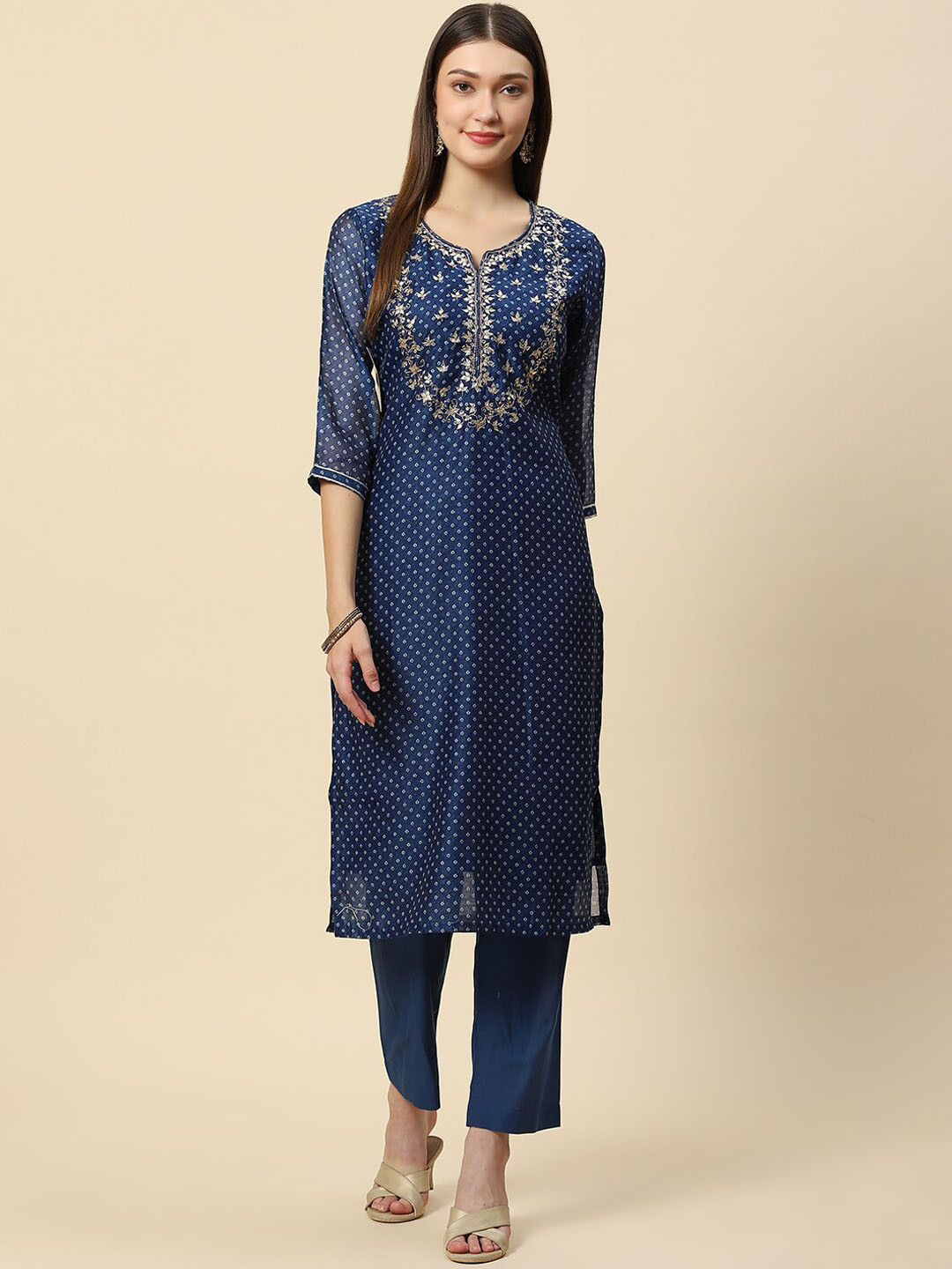 

Meena Bazaar Women Blue Ethnic Motifs Printed Gotta Patti Chanderi Silk Kurta with Trousers