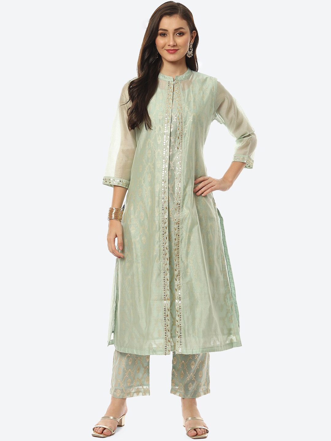 

Meena Bazaar Women Green Printed Sequinned Chanderi Silk Kurta Set With Jacket