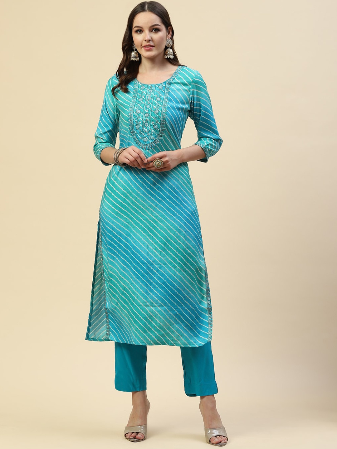 

Meena Bazaar Women Blue Leheriya Printed Beads and Stones Dupion Silk Kurta with Trousers