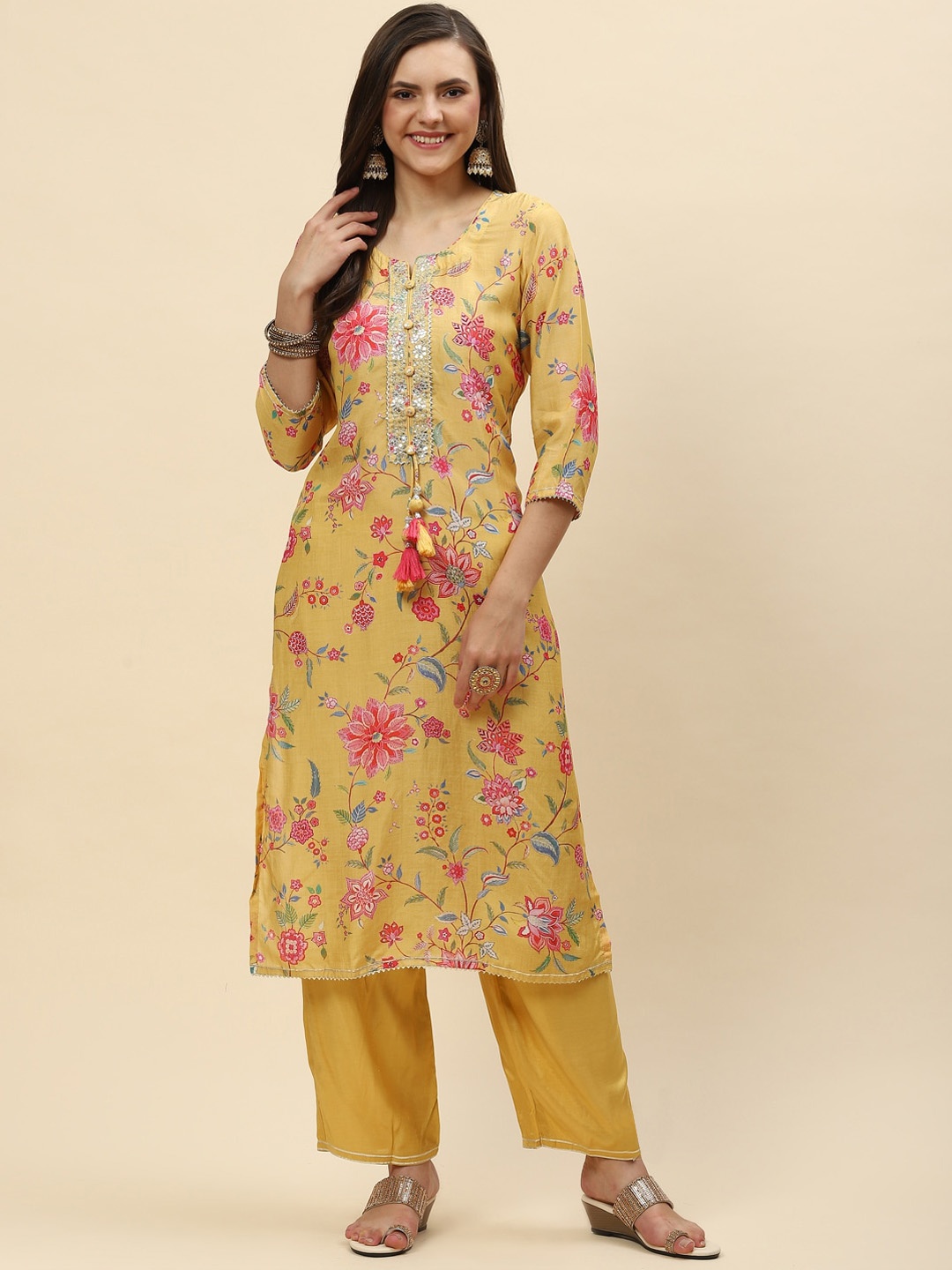 

Meena Bazaar Women Mustard Yellow Floral Printed Gotta Patti Dupion Silk Kurta with Trousers