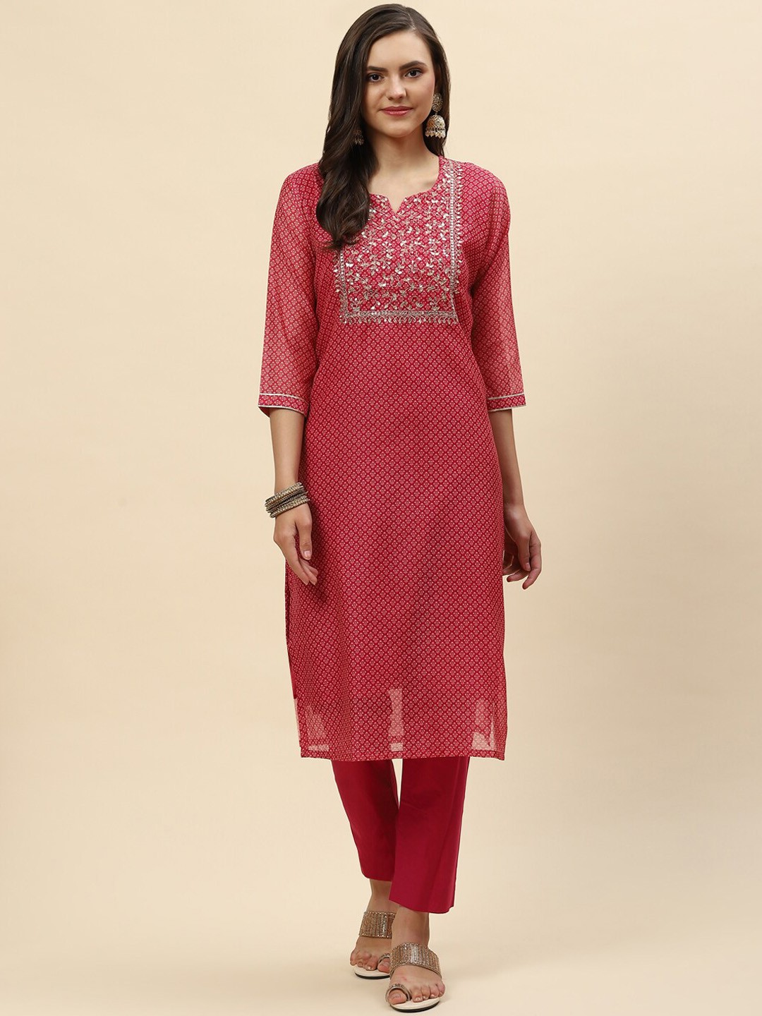 

Meena Bazaar Women Pink Floral Printed Gotta Patti Chanderi Silk Kurta with Trousers