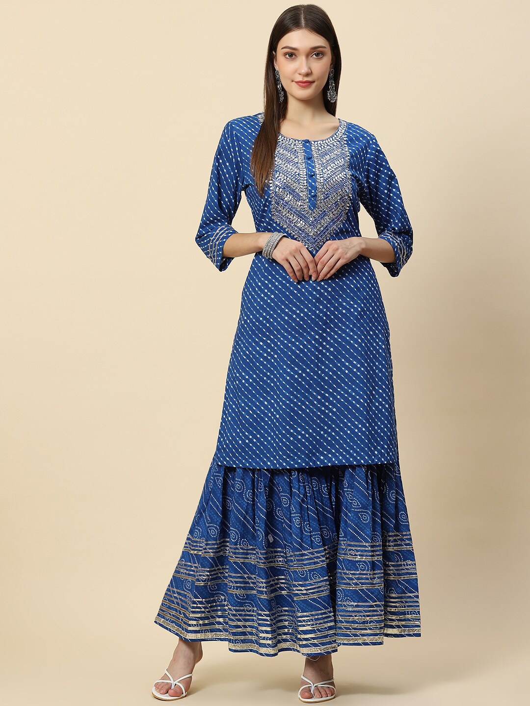 

Meena Bazaar Women Blue Embroidered Pure Cotton Kurta with Sharara