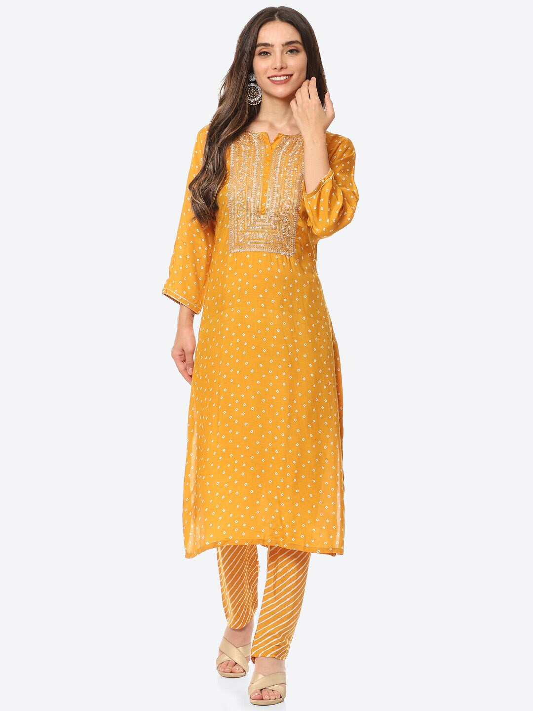

Meena Bazaar Women Mustard Yellow Bandhani Printed Thread Work Kurta with Trousers