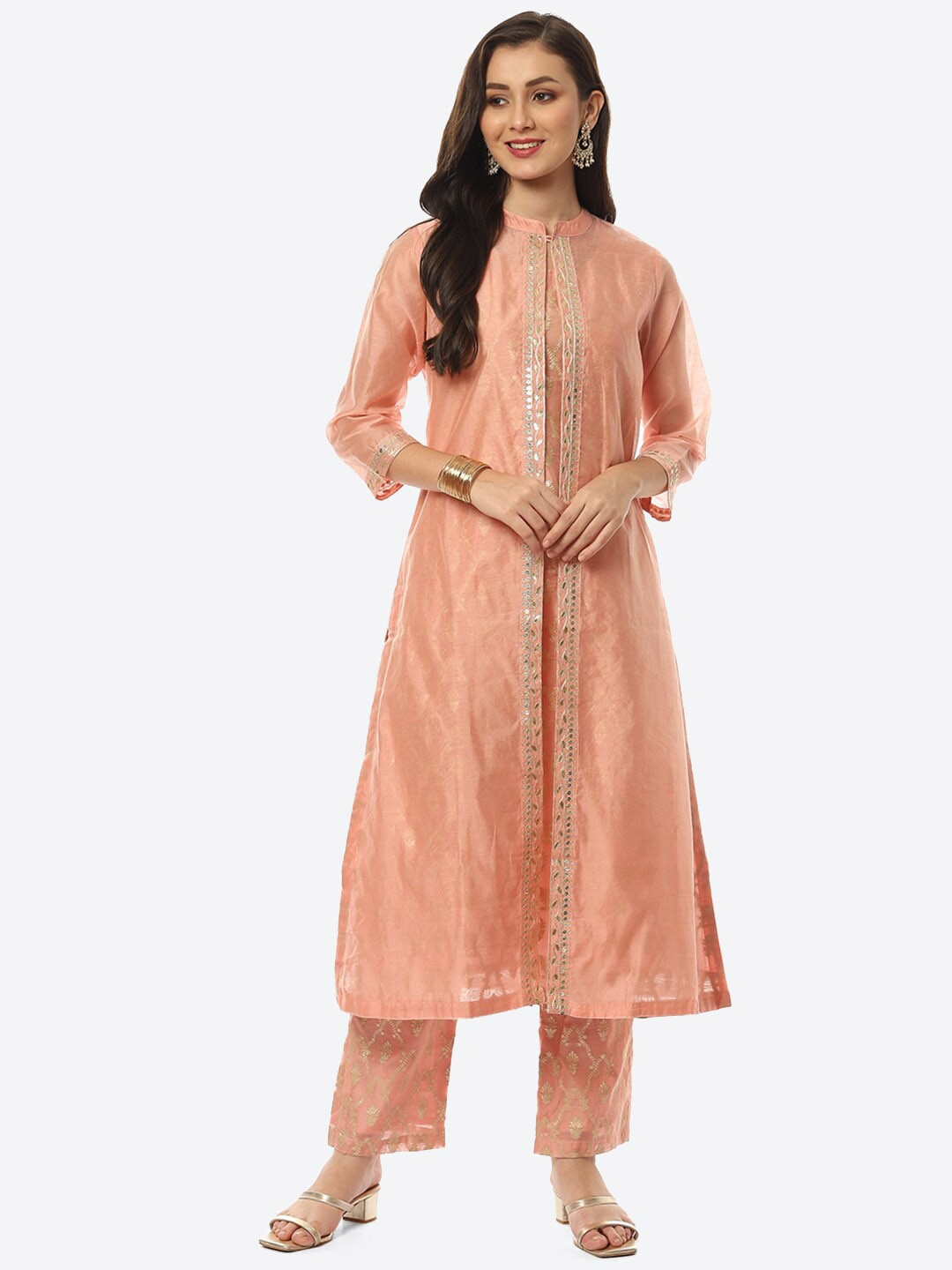 

Meena Bazaar Women Peach-Coloured Printed Sequinned Chanderi Silk Kurta Set With Jacket