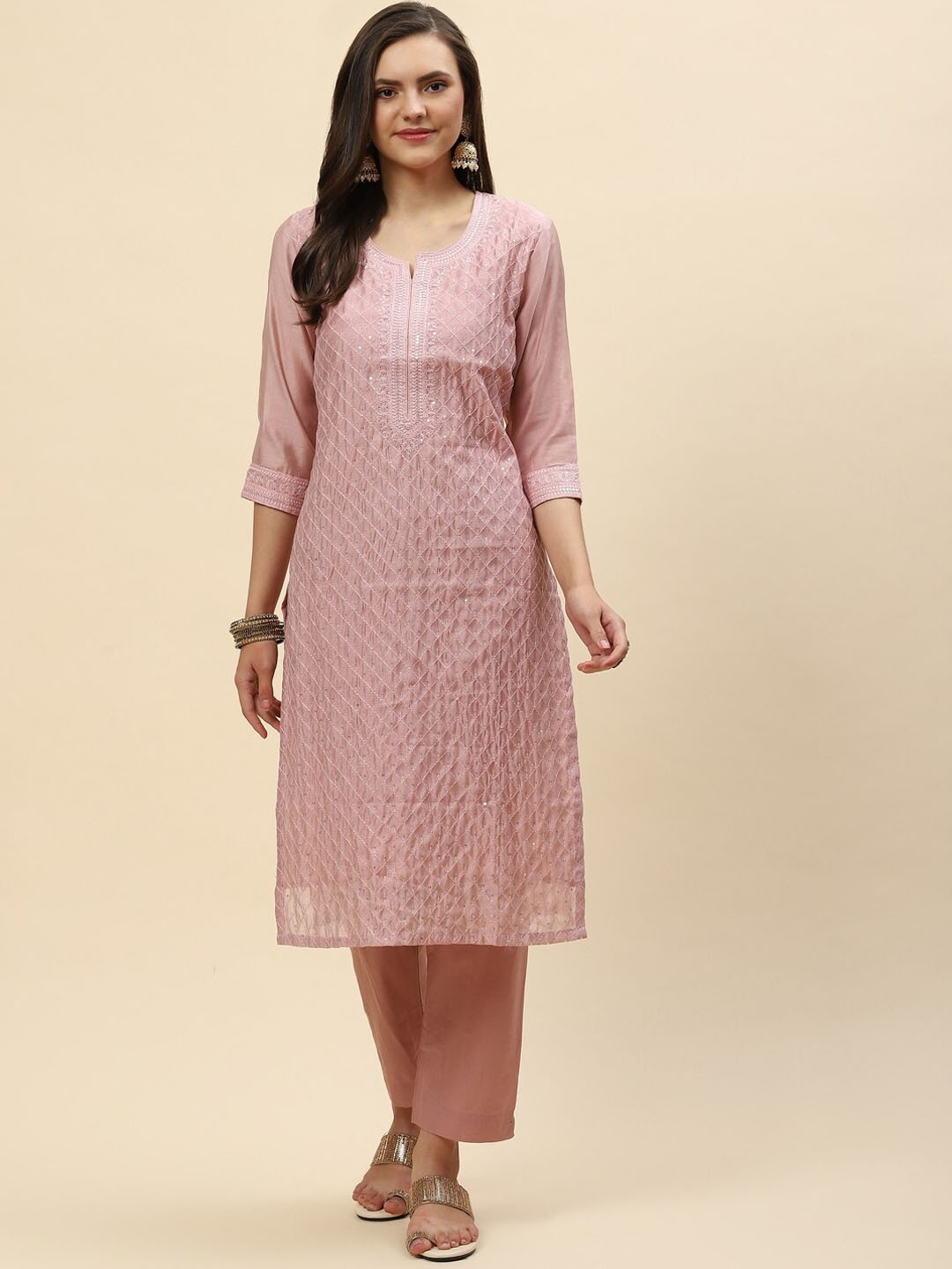 

Meena Bazaar Women Pink Embroidered Sequinned Chanderi Silk Kurta with Trousers