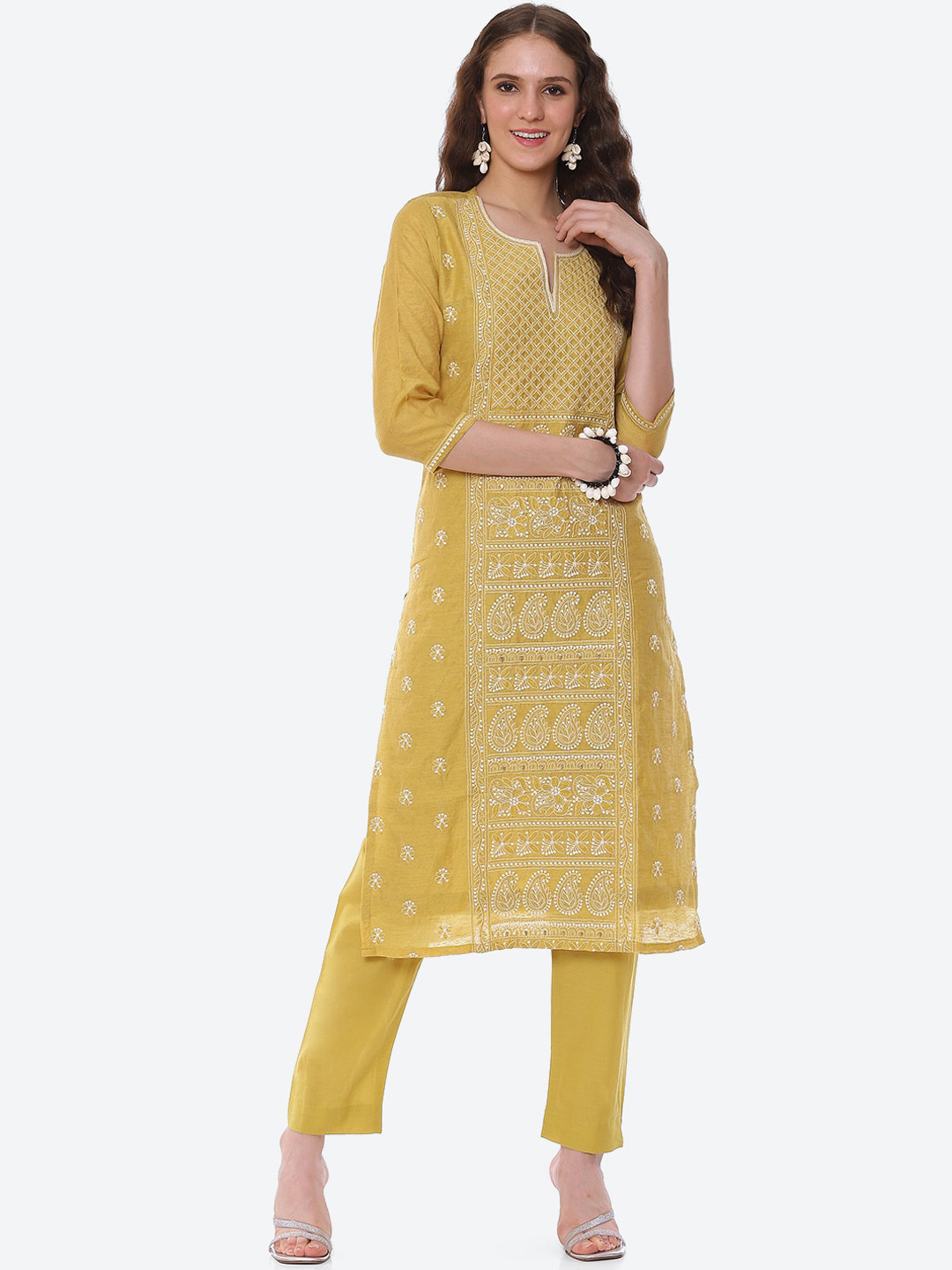 

Meena Bazaar Women Mustard Yellow Embroidered Chikankari Chanderi Silk Kurta with Trousers