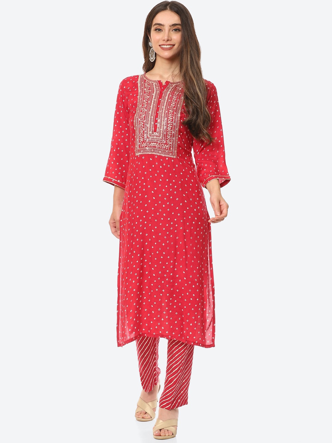

Meena Bazaar Women Pink Bandhani Printed Zardozi Kurta with Trousers