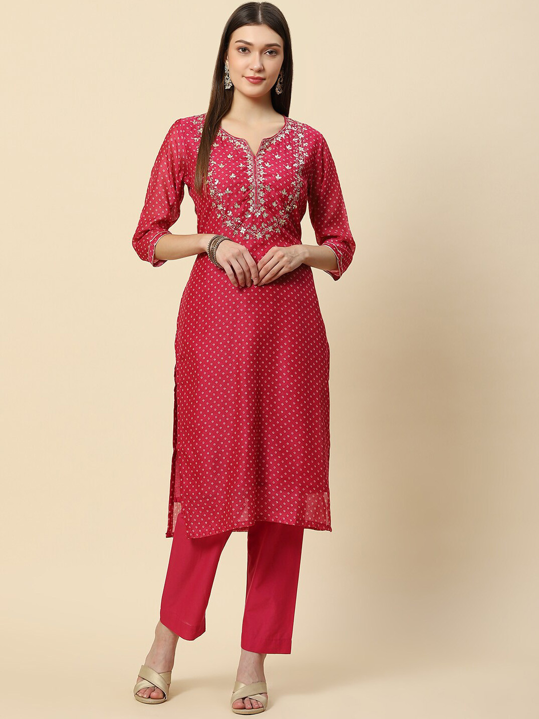 

Meena Bazaar Women Pink Embroidered Chanderi Silk Kurta with Trousers