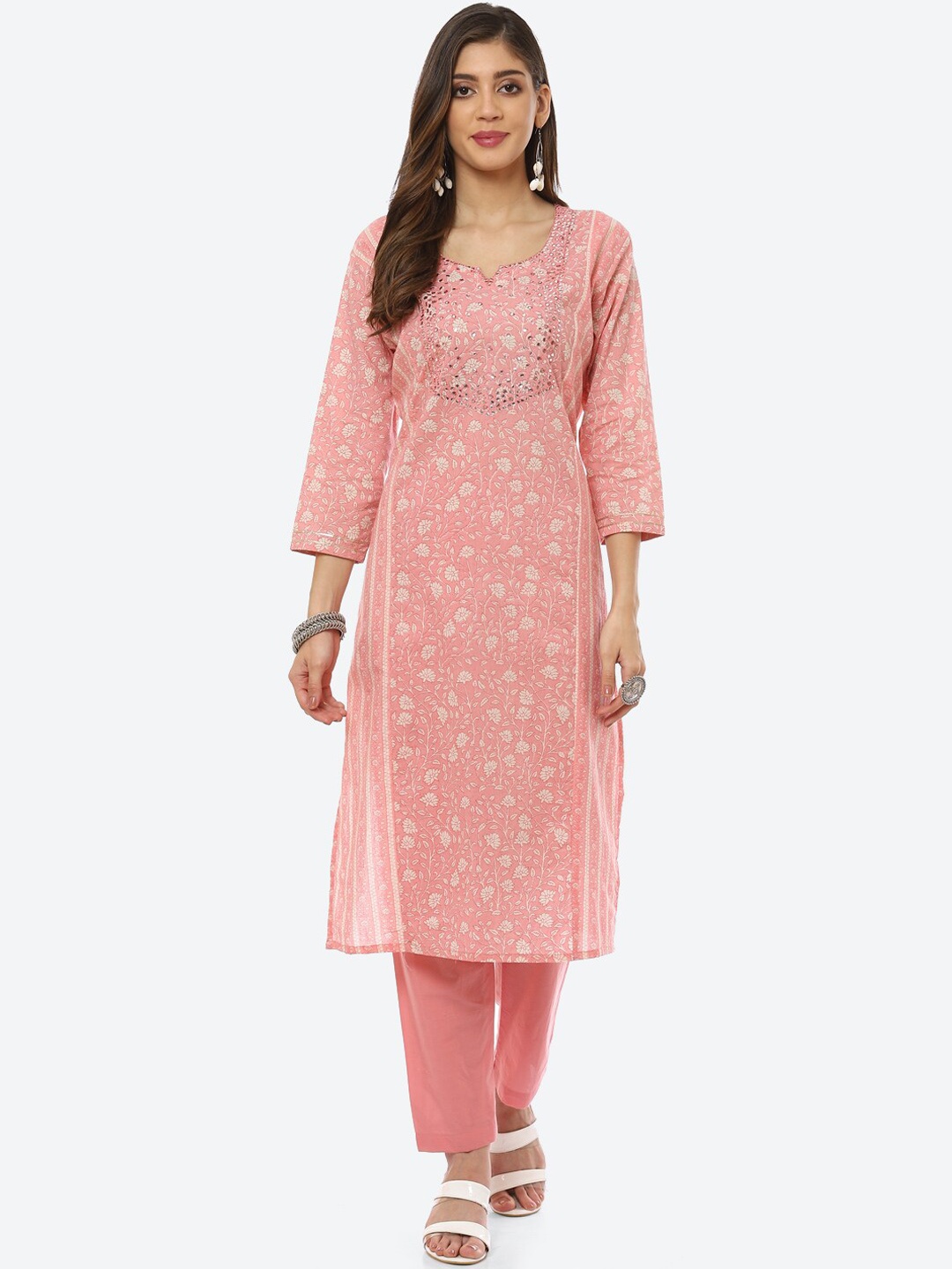 

Meena Bazaar Women Pink Floral Printed Mirror Work Pure Cotton Kurta with Trousers