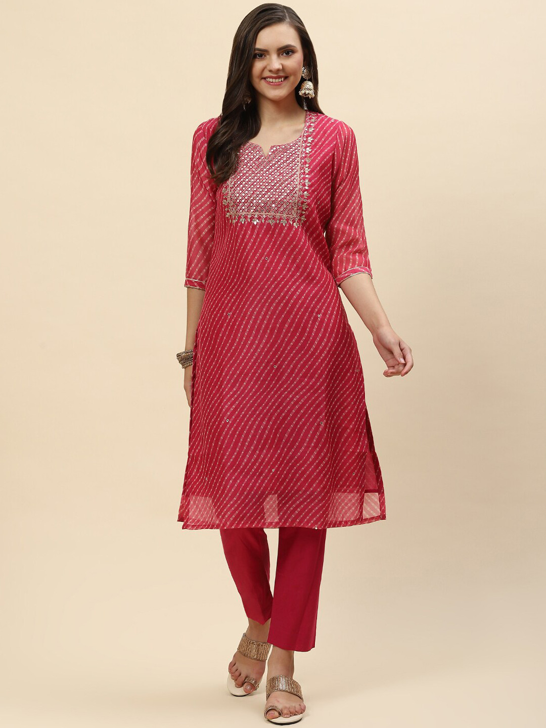 

Meena Bazaar Women Pink Leheriya Printed Mirror Work Chanderi Silk Kurta with Trousers