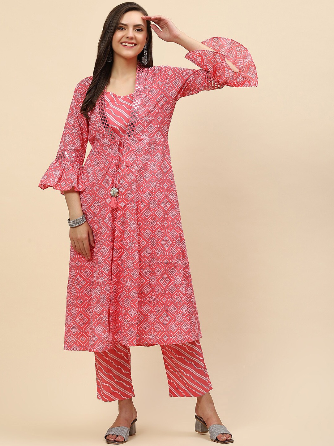 

Meena Bazaar Women Coral Bandhani Printed Layered Mirror Work Pure Cotton Kurta with Trousers