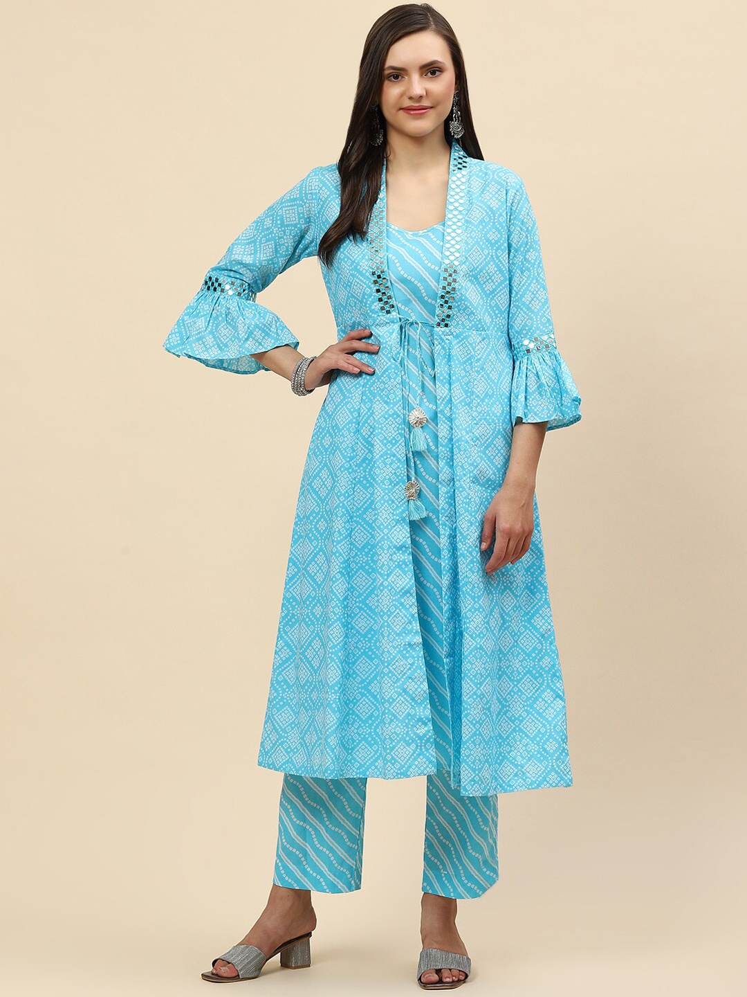 

Meena Bazaar Women Blue Bandhani Printed Layered Pure Cotton Kurta with Trousers