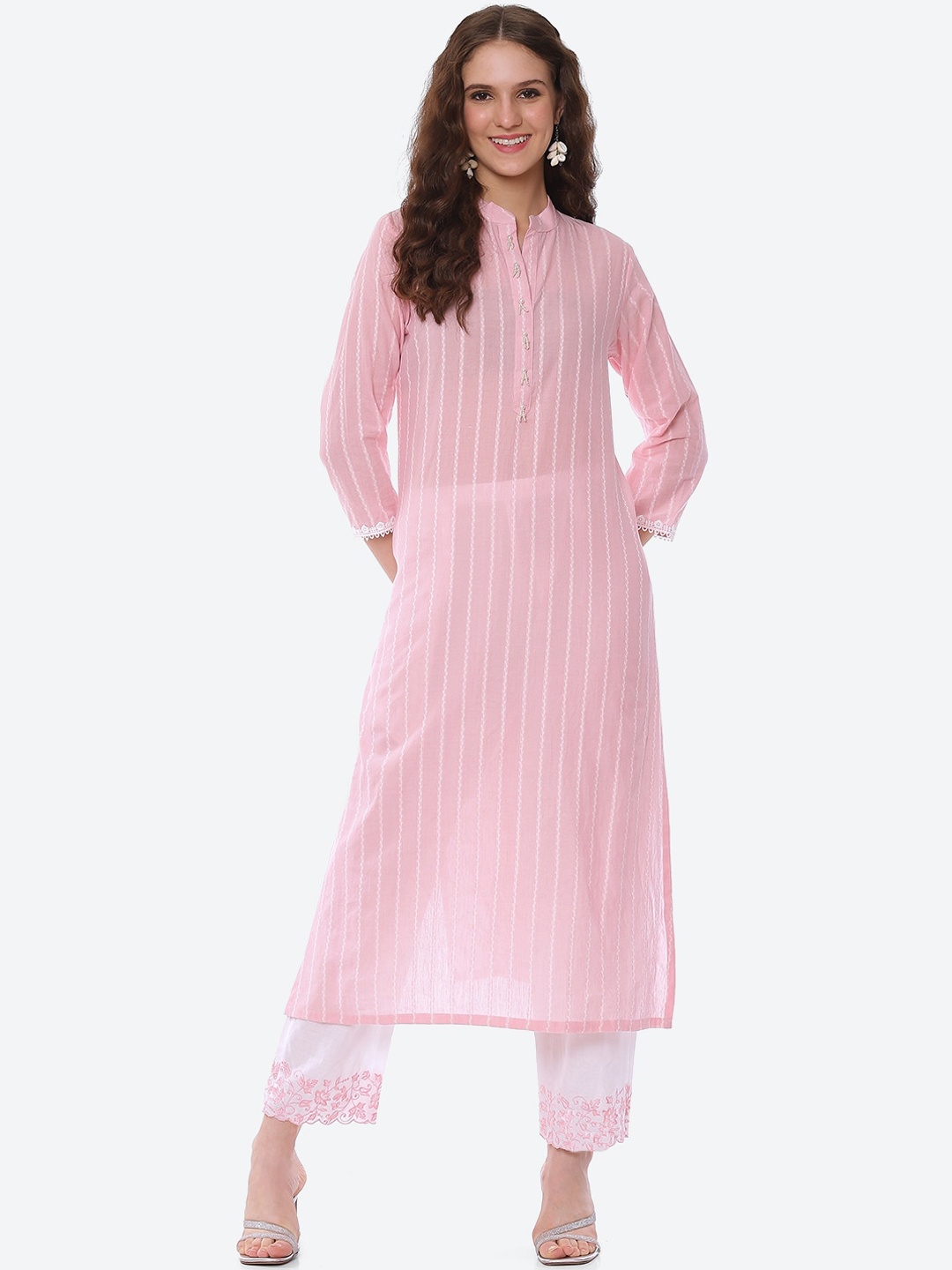 

Meena Bazaar Women Pink Striped Pure Cotton Kurta with Trousers