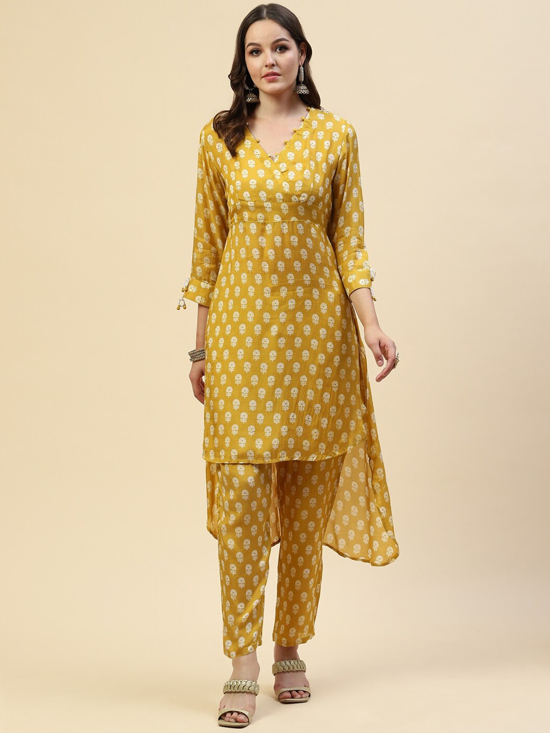 

Meena Bazaar Women Mustard Yellow Floral Printed Angrakha Dupion Silk Kurta with Trousers