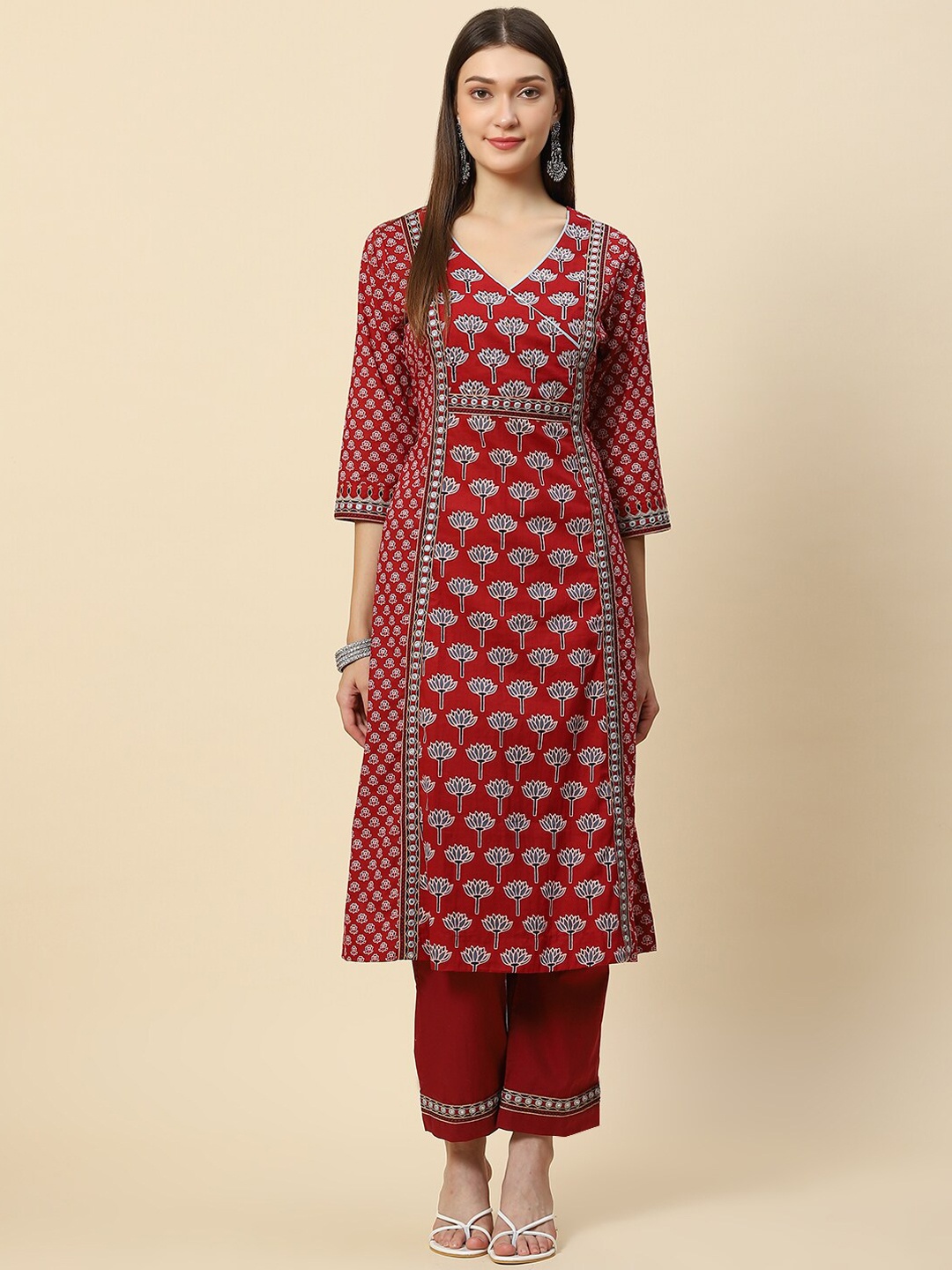 

Meena Bazaar Women Maroon Floral Printed Angrakha Pure Cotton Kurta with Trousers