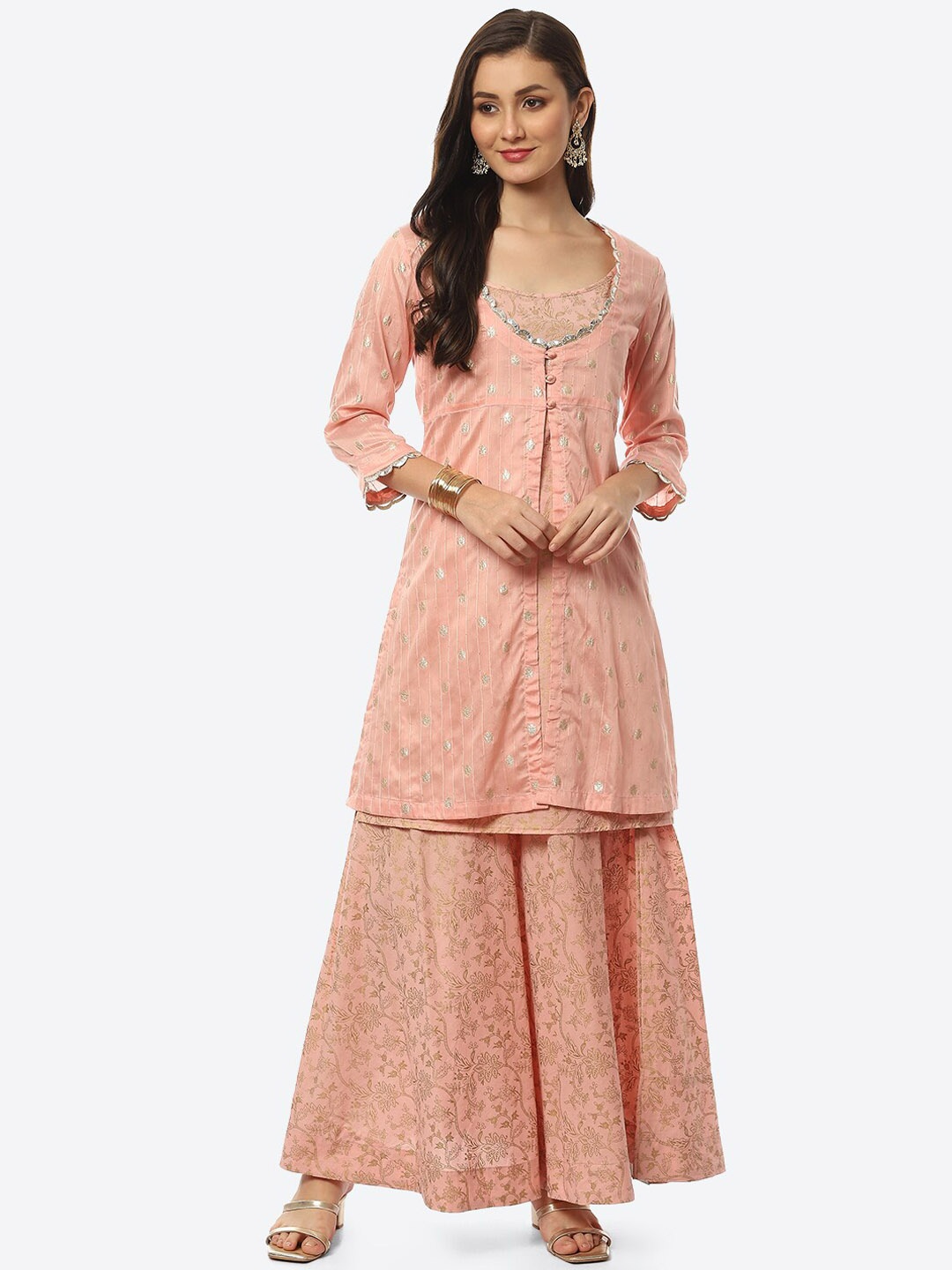 

Meena Bazaar Women Peach-Coloured Floral Printed Chanderi Silk Kurta with Skirt