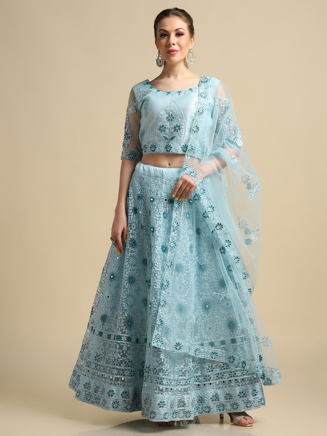 

Atsevam Blue Embroidered Semi-Stitched Lehenga & Unstitched Blouse With Dupatta
