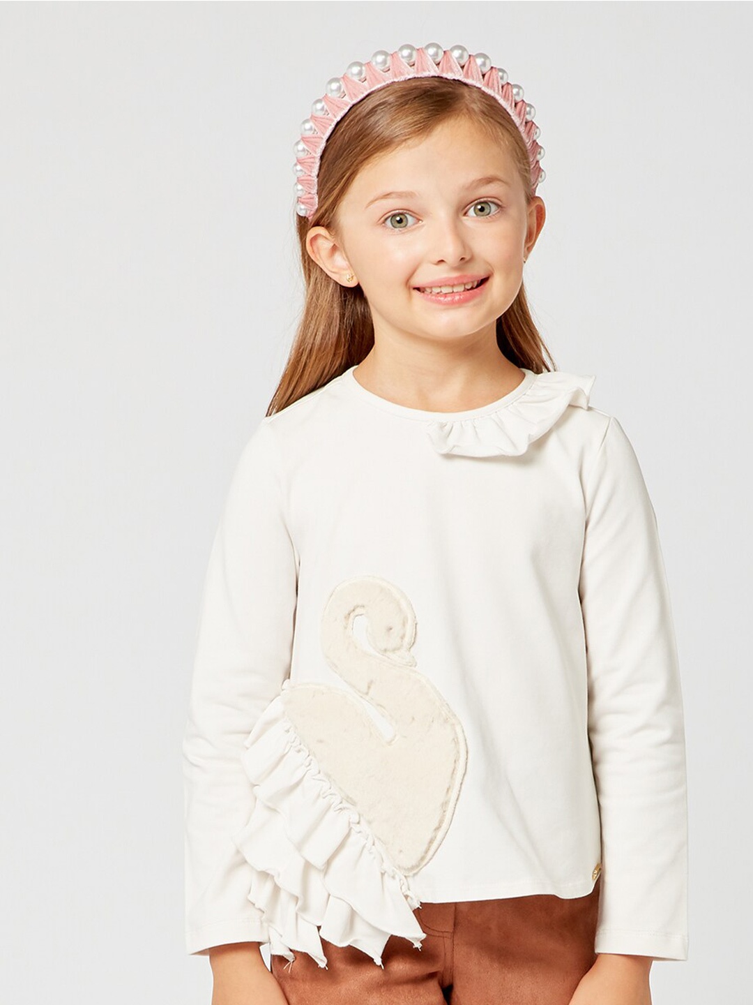 

One Friday Girls Swan Patch Ruffles Top, Off white