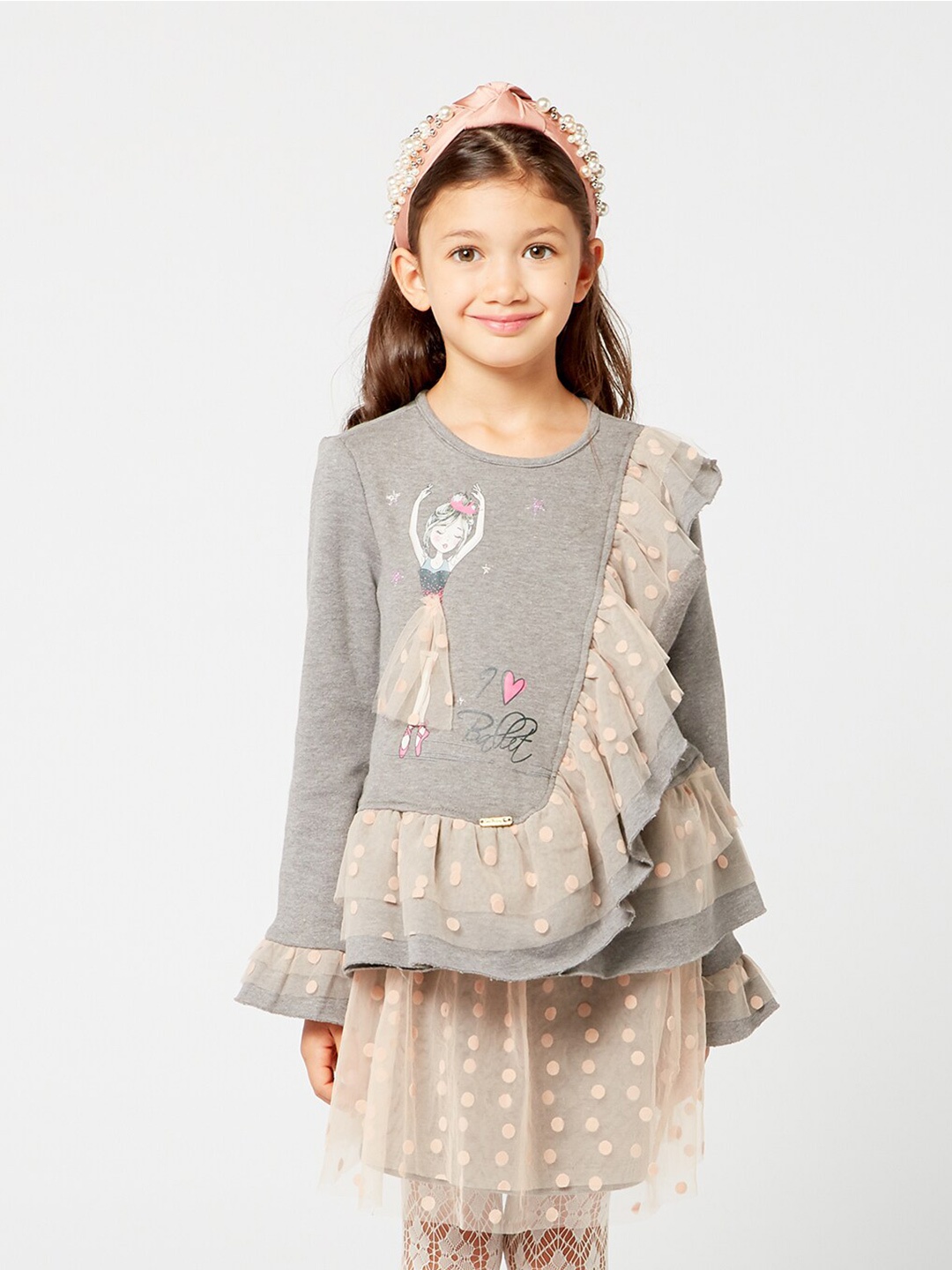 

One Friday Girls Grey Embellished Ruffles Top