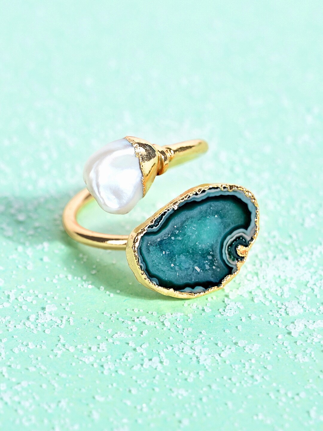 

Mikoto by FableStreet Women 18K Gold-Plated Blue Druzy And Baroque Pearl Ring