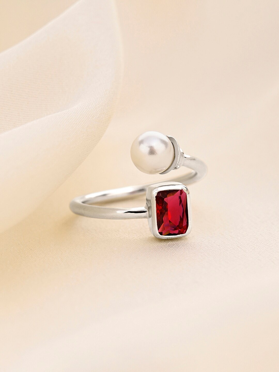 

March by FableStreet 925 Sterling Silver Rhodium- Red & White Plated Finger Ring