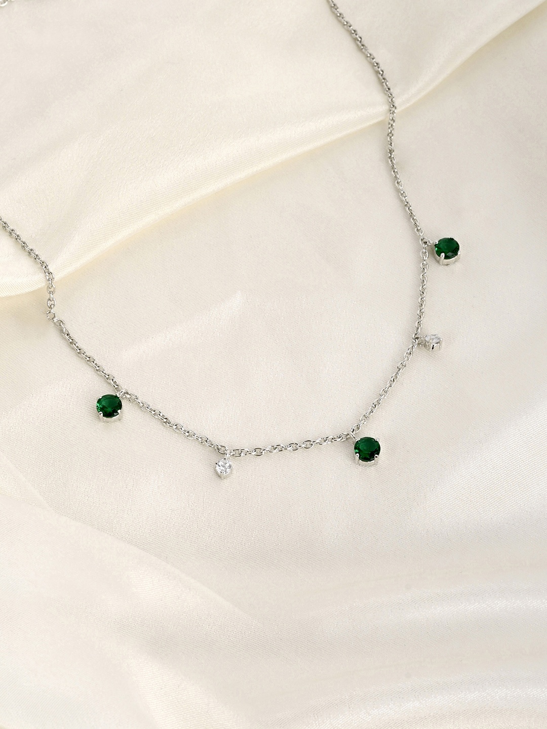 

March by FableStreet 925 Sterling Silver Rhodium- Plated Green Necklace