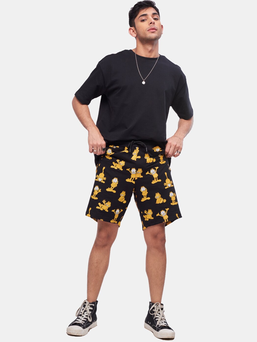 

The Souled Store Men Black & Yellow Printed Cotton Garfield Shorts