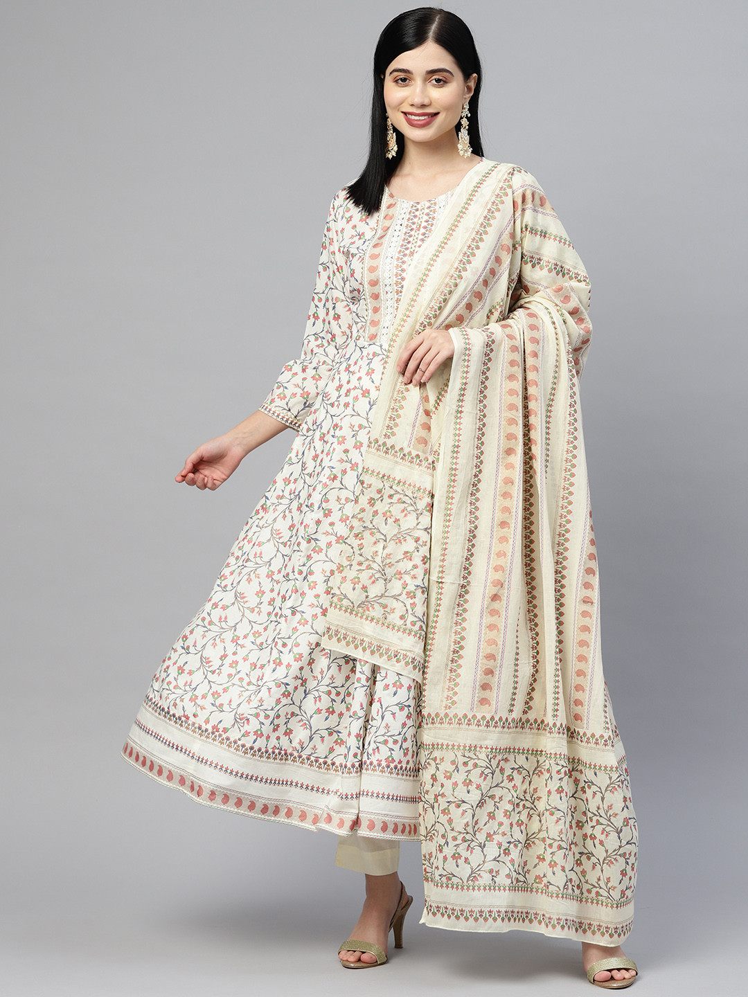 

Readiprint Fashions Women Off White Floral Printed Panelled Pure Cotton Kurta with Palazzos & With Dupatta