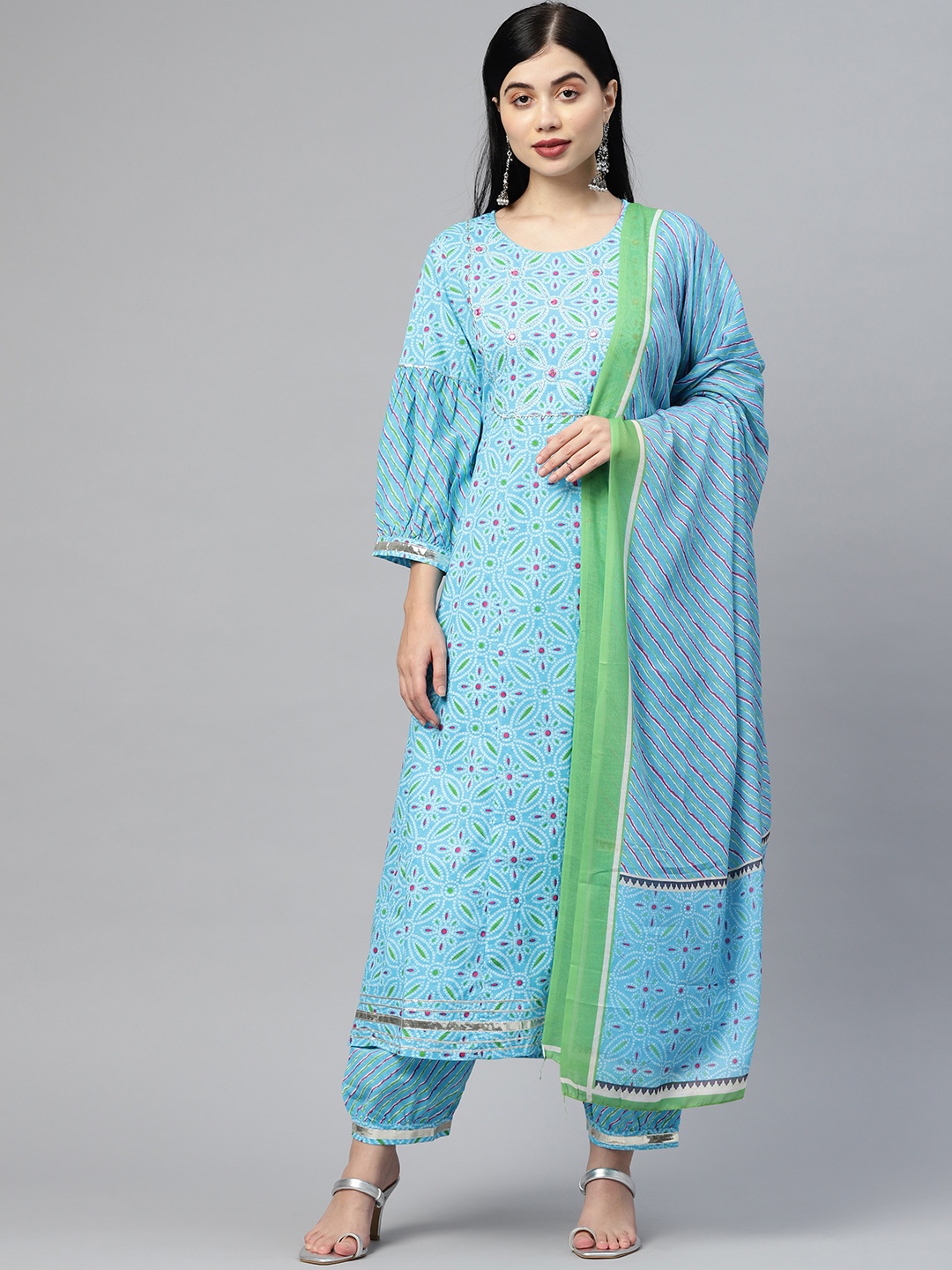 

Readiprint Fashions Women Turquoise Blue Bandhani Printed Gotta Patti Cotton Kurta