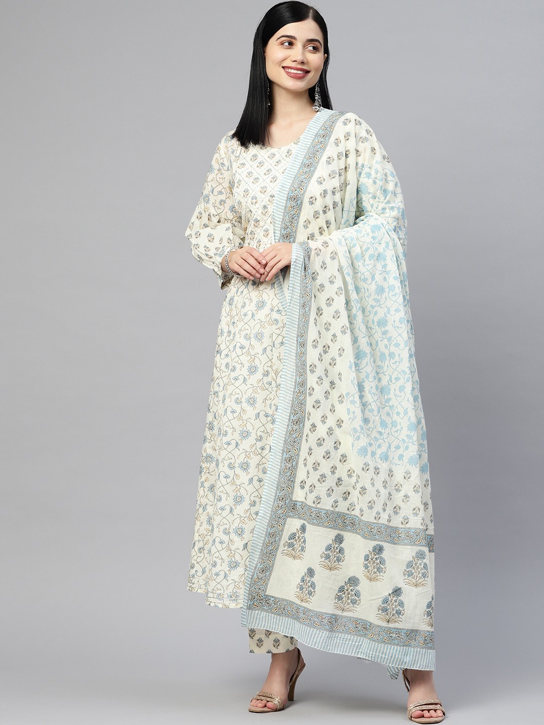 

Readiprint Fashions Women Floral Printed Panelled Cotton Kurta with Palazzos & Dupatta, Off white