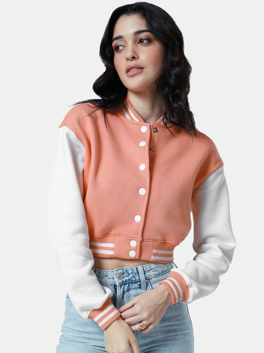 

The Souled Store Women Peach-Coloured White Colourblocked Crop Cotton Bomber Jacket