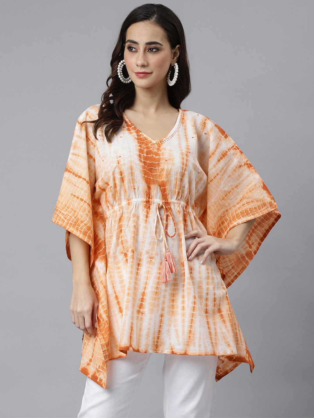 

Janasya Women Rust Cotton Tie Dye Kaftan Tunic, Orange