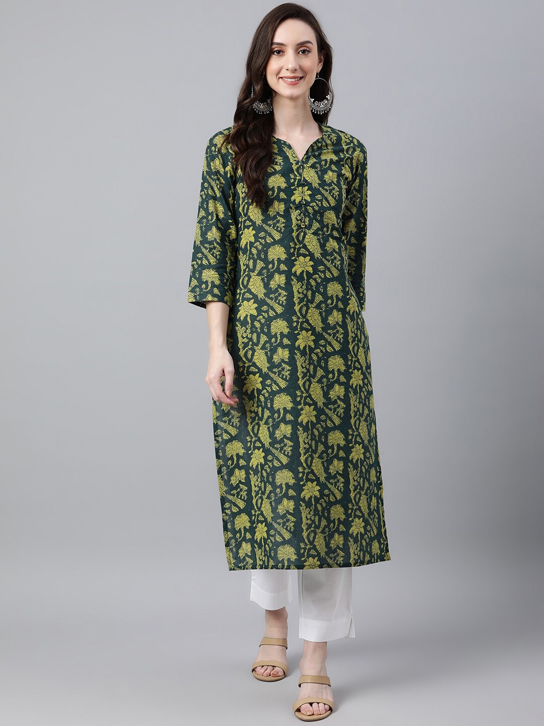 

Janasya Women Dark Green Cotton Floral Block Print Straight Kurta
