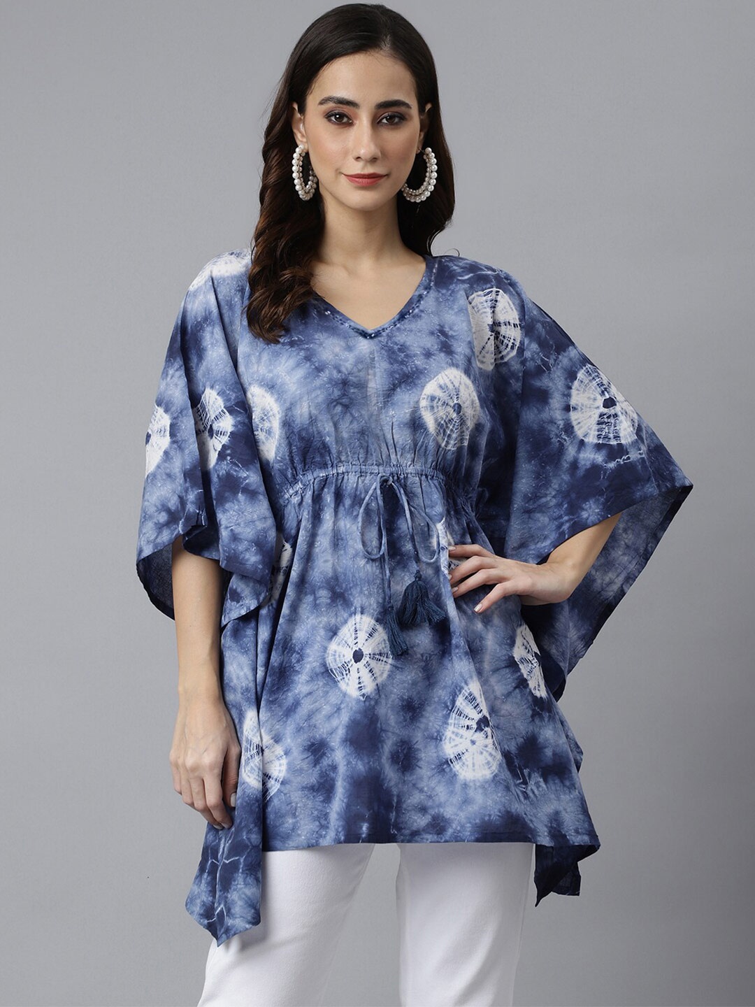 

Janasya Women Navy Blue Cotton Tie dye Kaftan Kaftan Tunic