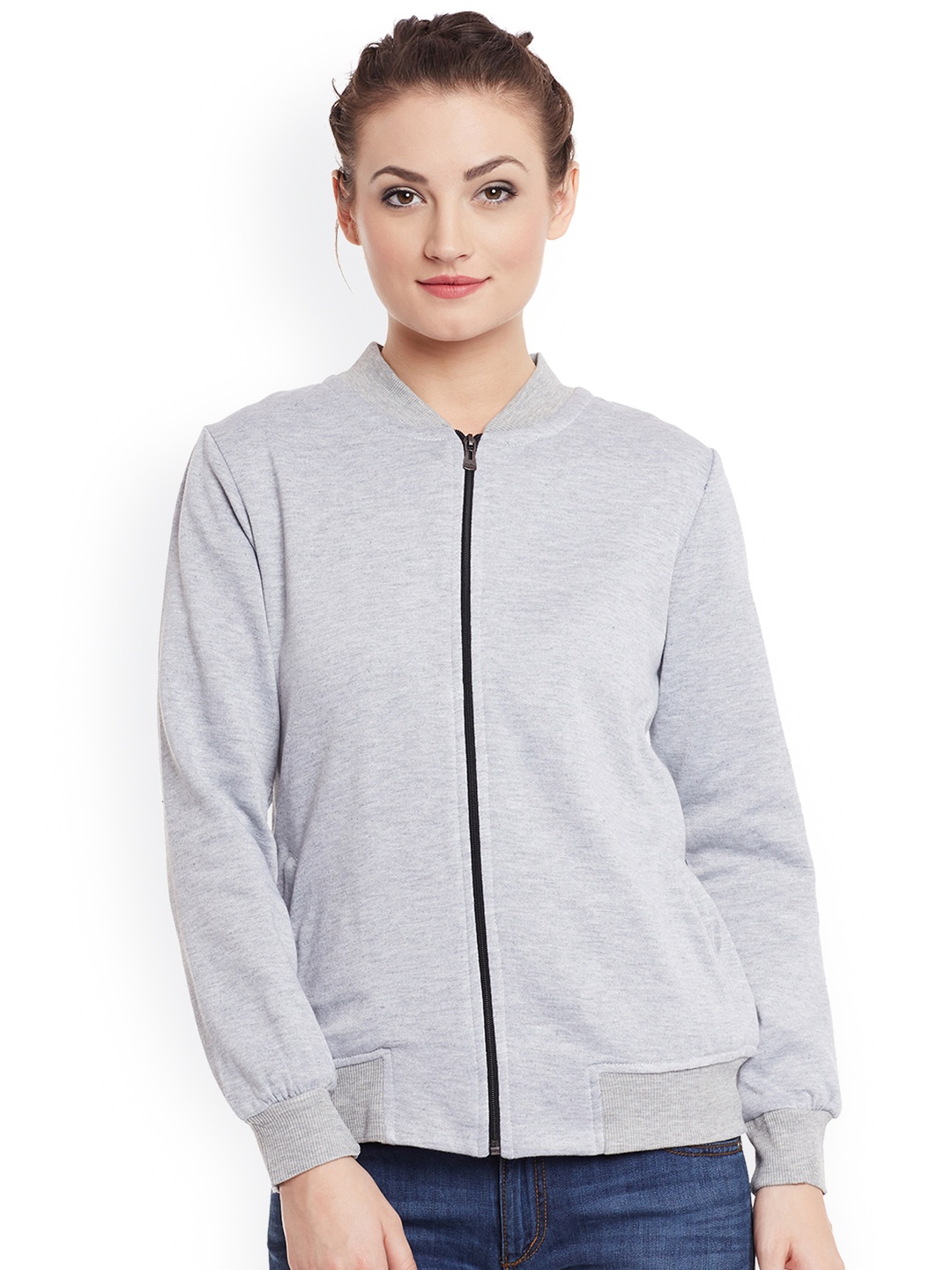 

Belle Fille Women Grey Melange Solid Bomber Jacket